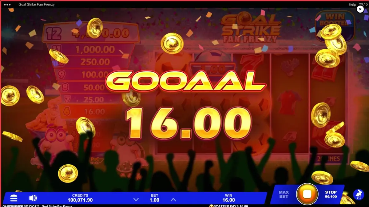 Goal Strike Fan Frenzy slot game screen with football theme