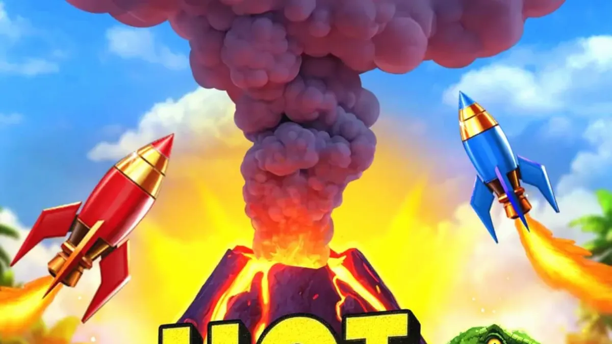 Hot Rocket 5x 3x 2x স্লট গেমের ইন্টারফেস এবং আগ্নেয়গিরির থিম